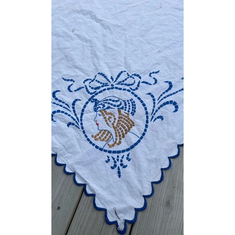 Vintage Art Deco Era Scalloped Linen Embroidered Tablecloth Lady Flapper Blue